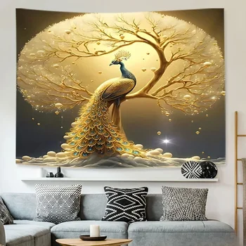 Golden Peacock Wall Tapestry Art Decor 1