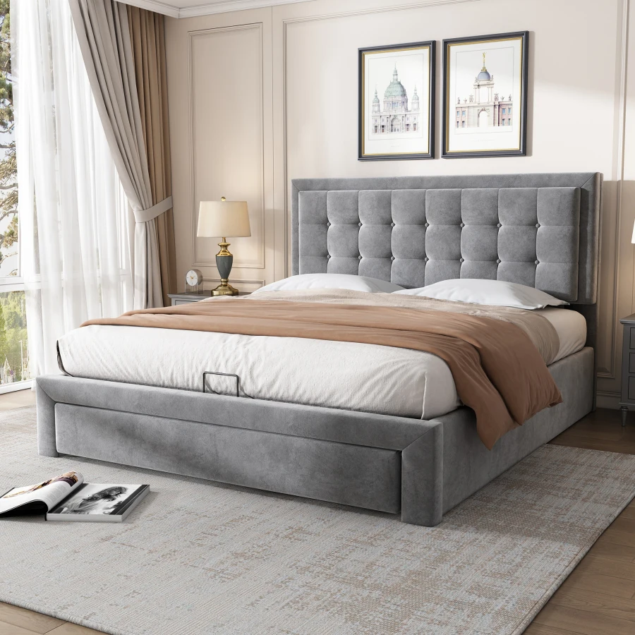 Letto Imbottito 140x200 Con Luci LED E Testiera Regolabile | Base Doghe E Contenitore | Idraulico A Sollevamento - Foto 8