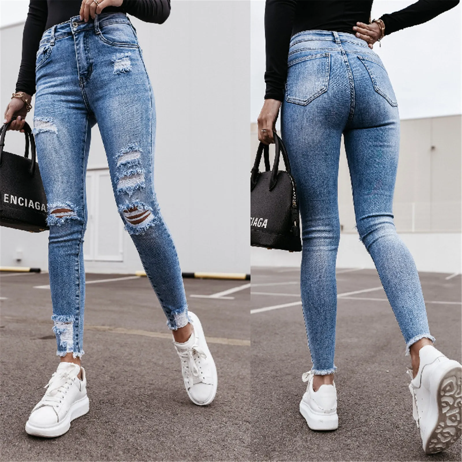 High Waist Jeans For Women Ripped Hole Jeans Button Pocket Elastic Trousers Slim Denim Women's Jeans Push Up Streetwear Fashion
