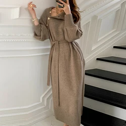Vestido de punto largo ajustado con botones para mujer, vestido Retro de cuello alto de estilo coreano, cintura alta, manga larga con cinturón, novedad de primavera y otoño
