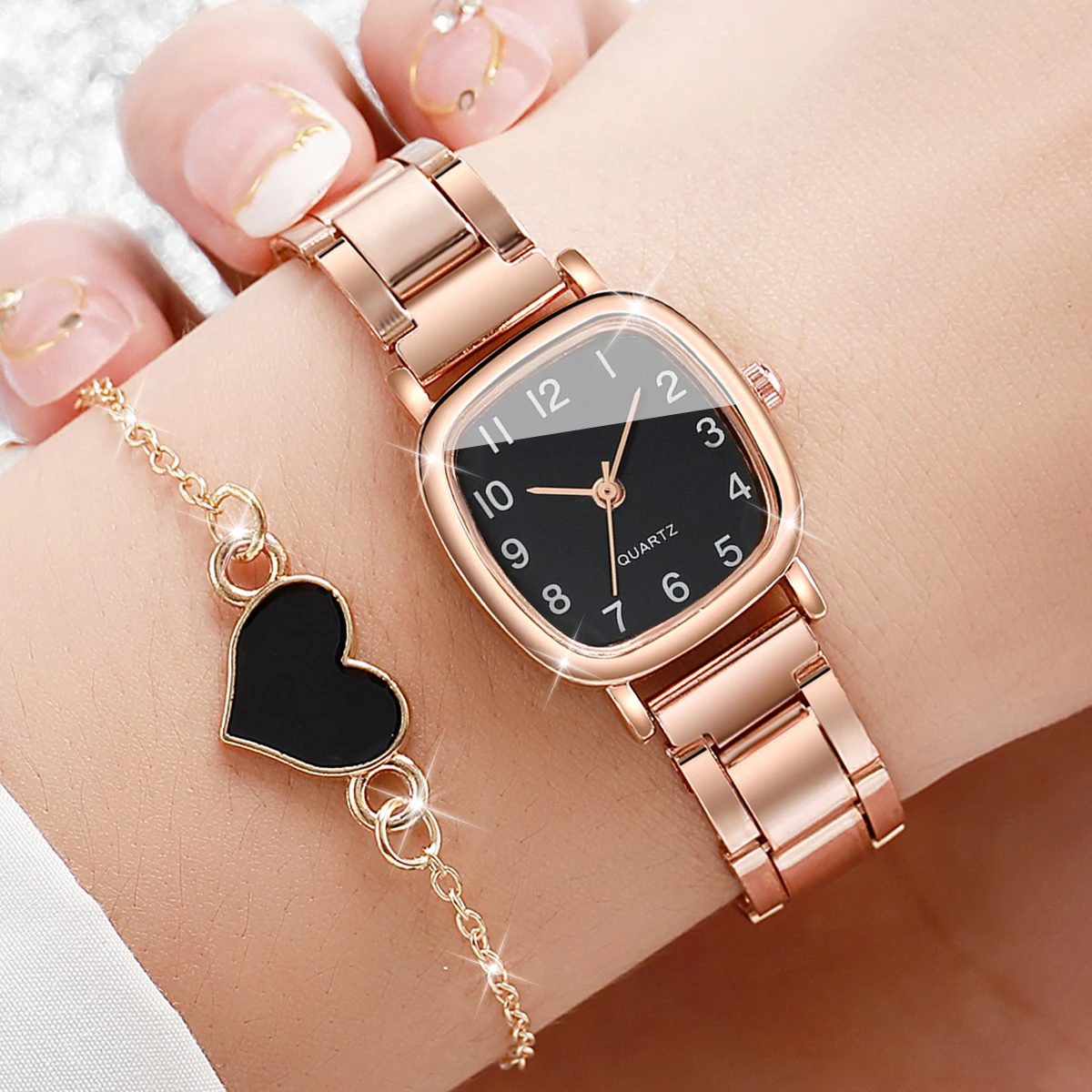 4PCS/Set Square Ladies' Watch Stainless Steel Quartz Watch Casual Korean Edition Girls' Bracelet Set