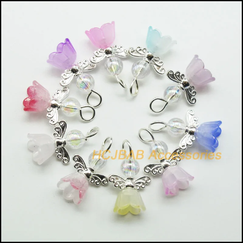 

20 New Gradient Mixed Acrylic Angel Charms Silver Plated Morning Glory Flower Pendants 14x22mm