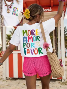 More Amor Por Favor DopamineT Shirt Letter Heart Print Casual Loose Streetwear Daily Wear Short Sleeve Summer Vacation Top 1