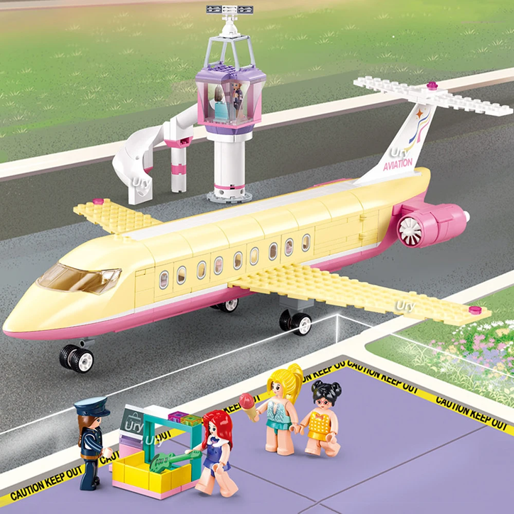 Sluban Friends City Plane Passengers Airplane Bus Sets Airport Airliner Figures Control Tower Building Blocks Toys for Girl Gift
