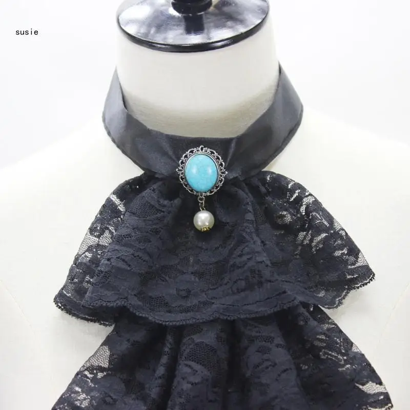 X7YA 여성 남성 다층 레이스 프릴 가짜 칼라 고딕 빅토리아 분리형 Jabot 칼라 파티 Steampunk 의류 액세서리