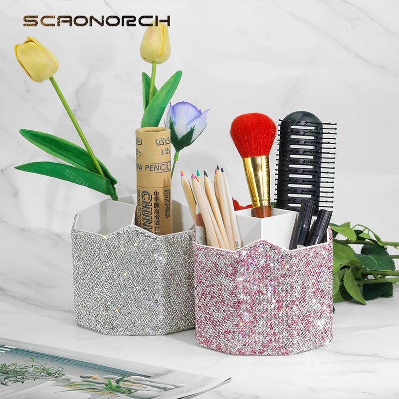 

Luxury Diamond Makeup Brush Storage Bucket 5 Grid Lipstick Eyebrow Pencil Desktop Organizer Box 360° Rotation Sparkling Gift
