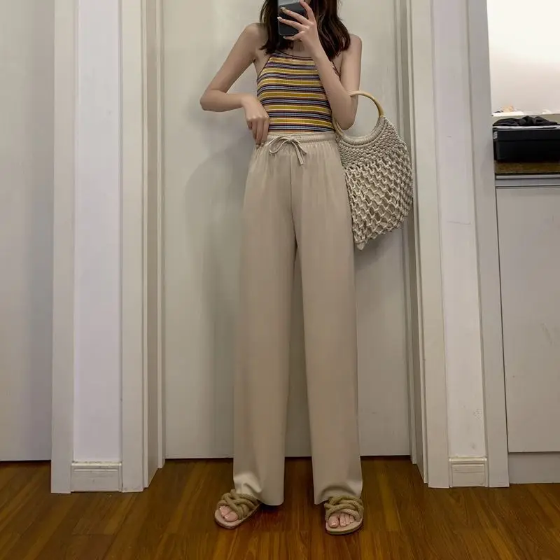 Spring Ice Silk Urban Casual High Waist Trousers easiest for match Wide Leg Pants straight-leg Korean Style loose Pants