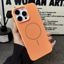 Luxury Heat Dissipation Mesh Magnetic Phone Case with Breathable Cooling PC Cover - iPhone 15 Plus (Orange)