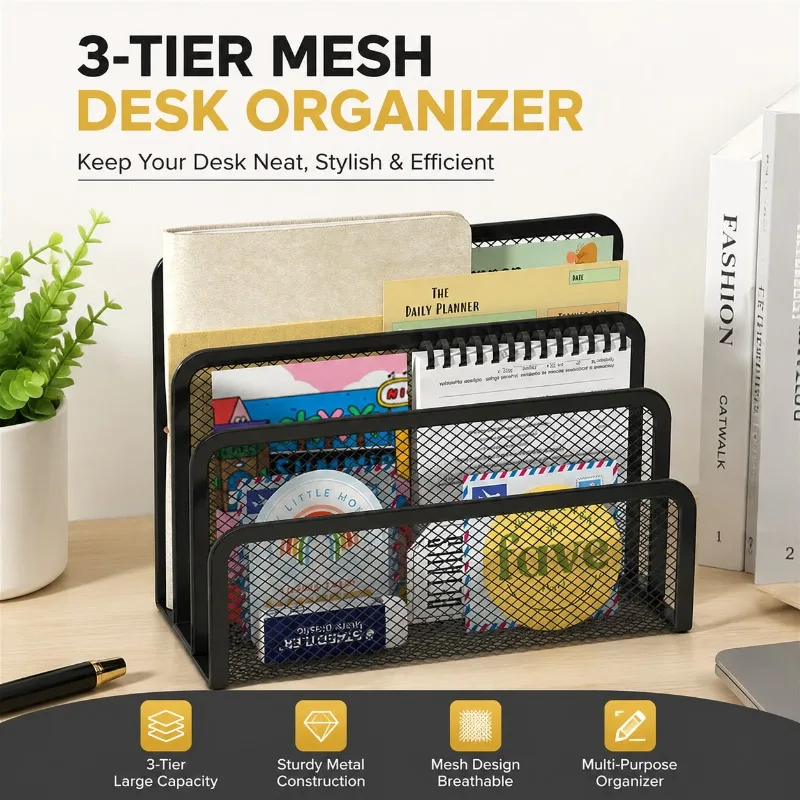 3 Tier Metal Mesh File Organizer Multi Layer Document Magazine Book Holder Rack for Office Home Desktop Paper Notebook Storage 1
