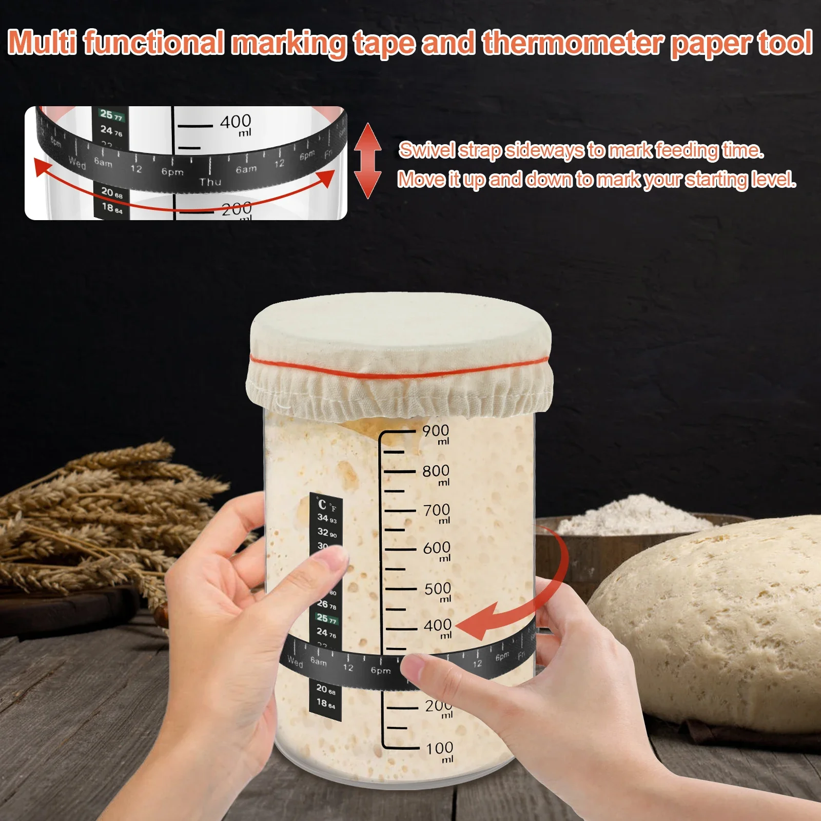 900ml Sourdough Starter Jar Kit Clear Glass Heat Resistant Sourdough Starter Container Baking Fermentation Jar Food Storage Tool