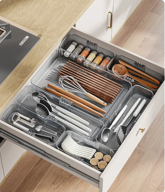 Retractable Kitchen Storage Container Drawer Storage Box Expandable with Partitions Knives Forks Cutlery Box for Kitchen