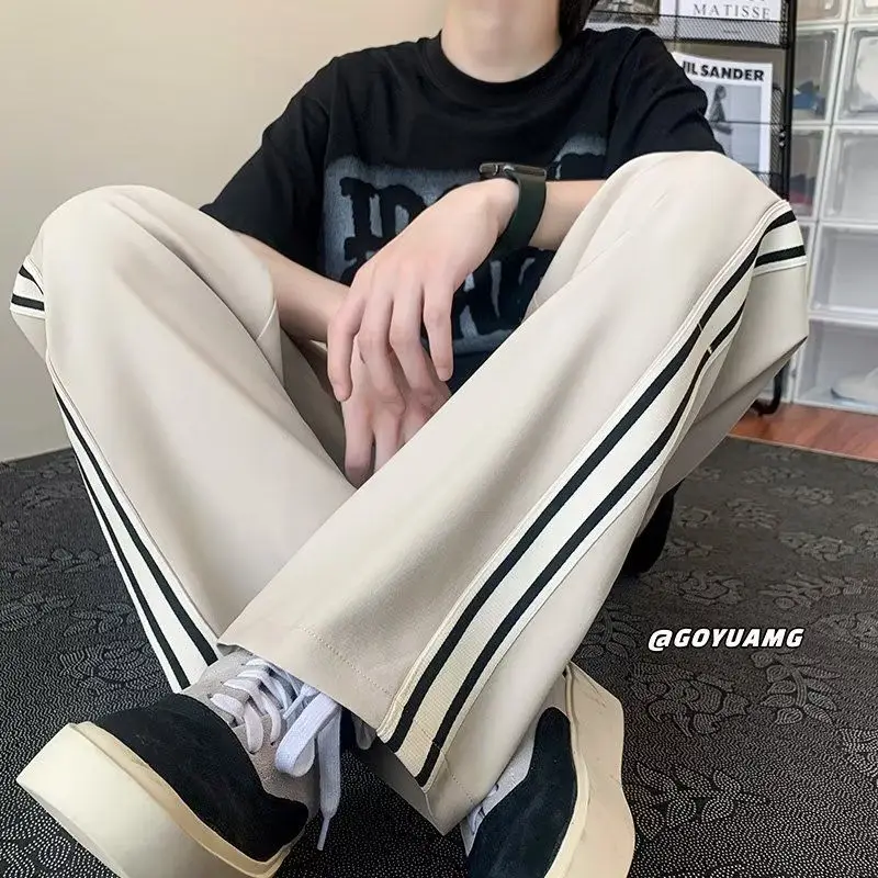 American street men and women trendy retro striped patchwork straight casual pants for spring and autumn loose wide leg pants