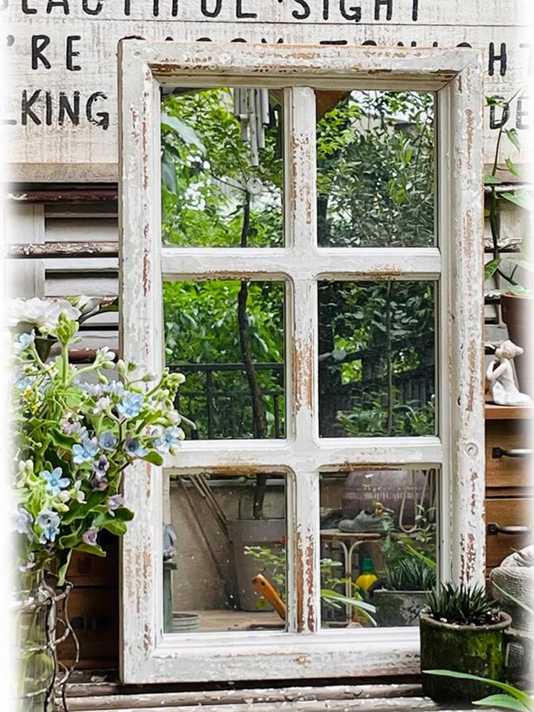 

French Countryside Vintage Retro Wooden Fake Window Mirror Wall Decor