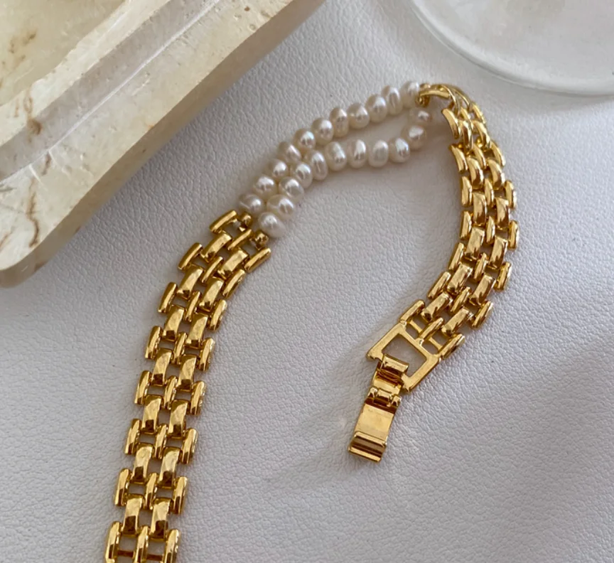 2022 new trend Gold plated alloy baroque pearl chain splicing Bracelets for women Fashion Jewelry