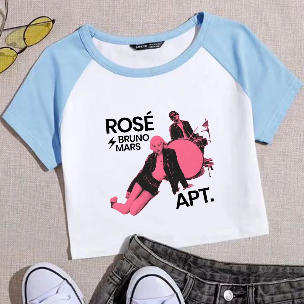 Rose Rosie APT. Bruno Mars Girls Crop Shirts Color blocked short sleeves O-Neck Top 2
