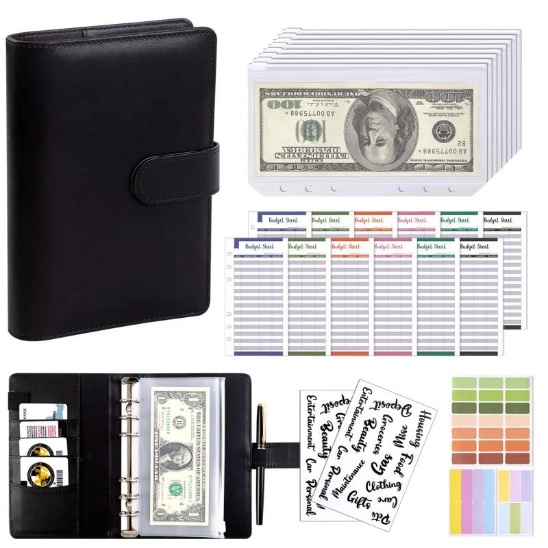 PU Leather A6 Budget Binder with Cash Envelope Pockets & Zipper