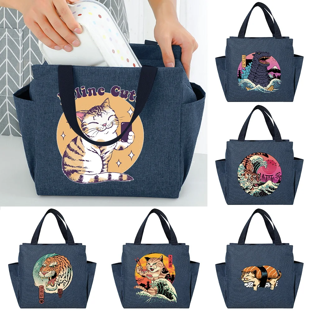 Child Insulated Lunch Bag Portable Thermal Bags Canvas Food Picnic Cooler Lunchbox for Work Handbag Cartoon Cat Prints Organizer