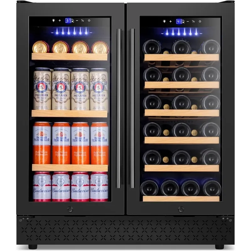 Tylza 30 Inch Wine and Beverage Refrigerator, Dual Zone Wine Beverage Cooler 30" with French Door, Under Counter Beer
