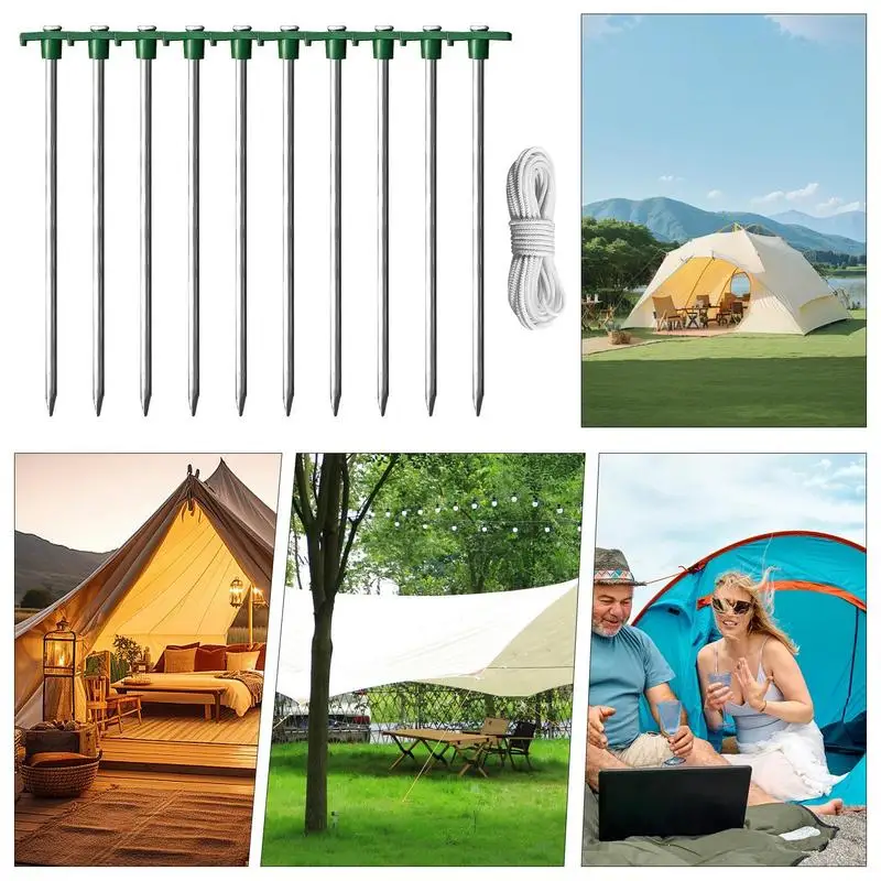 Tent Stake For Outside 10-piece Heavy Duty T-Shaped Pegs With 4 Ropes For Campsite 10.25-Inch Ground Spikes Camping Backyard