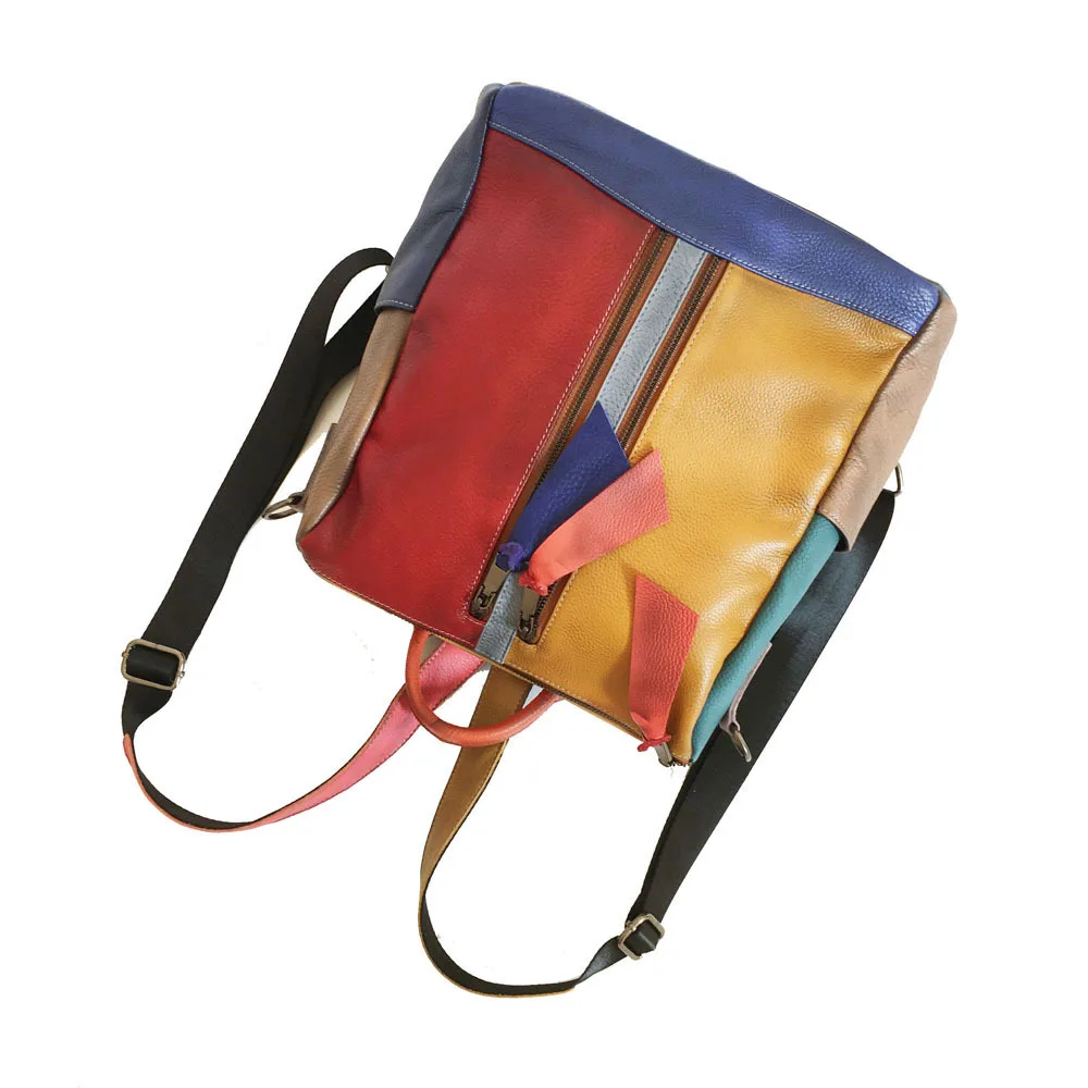 Vintage Genuine Leather Backpack Women Patchwork First Layer Cow Leather Backpacks Casual Ladies Double Shouder Bag 3