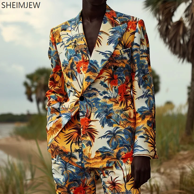 Men Colorful Landscape Print Suit Jacket & Pant Men Luxury Wedding Prom Party Dress Festival Sets Business Casual Banquet Suits