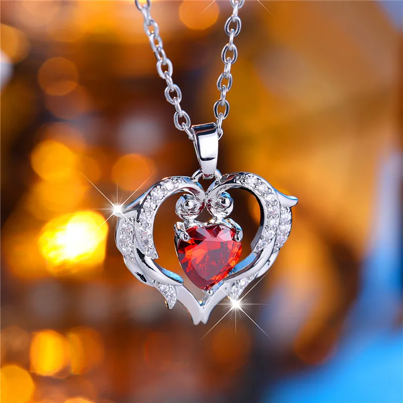 Fashion Female Red Heart Pendant Necklace Cute Silver Color Wedding Jewelry Gift For Women