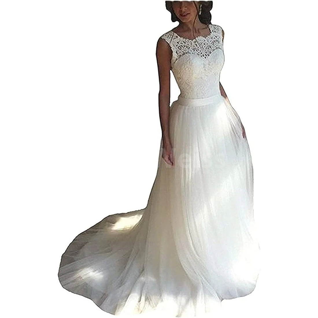 Women's Elegant Lace Wedding Dress A Line Tulle Beach Bridal Gowns Cap Sleeves with Train Customized 2