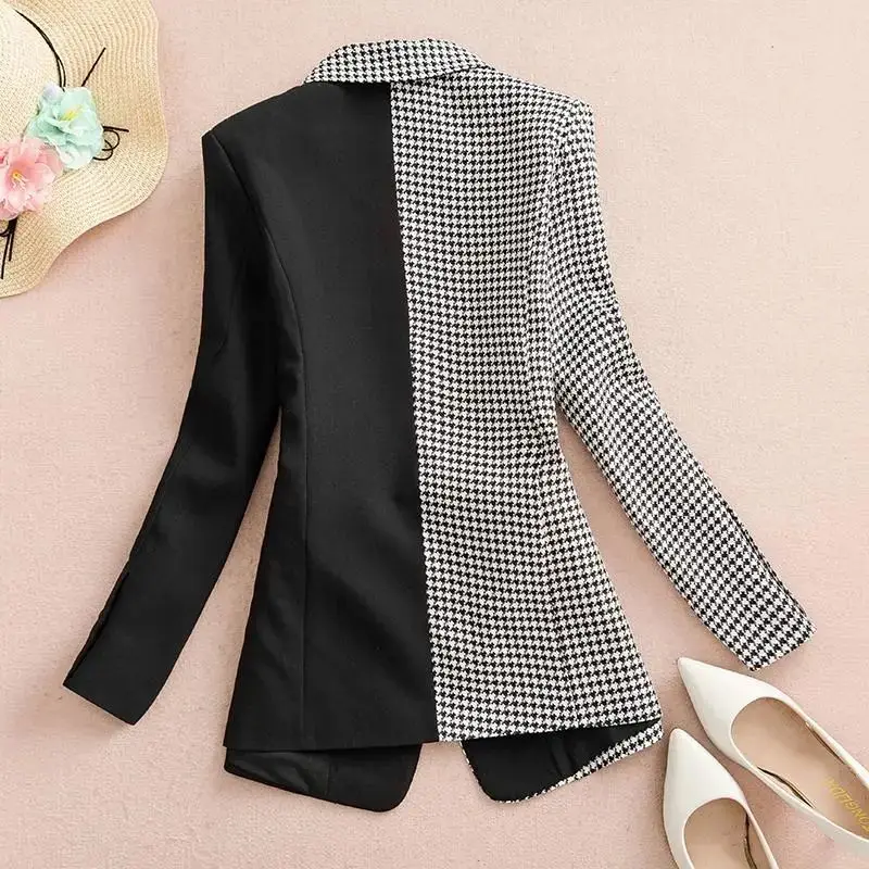 Fashion Lapel Button Spliced Houndstooth Blazer Women's Clothing 2023 Autumn Winter Loose Korean Tops Asymmetrical Blazers