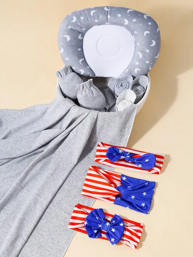 9pcs baby swaddle blankets, 1 headband, 3 gloves, 1 pair of small square towels, 3 pillows, Child Accessories
