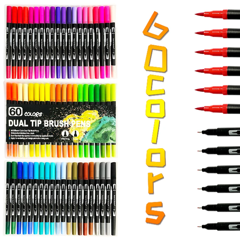 24/48/60/100 색상 듀얼 팁 마커 펜 워셔블 세트 소프트 파이버 브러쉬 펜 파인 펜촉 아트 드로잉 용품 편지지