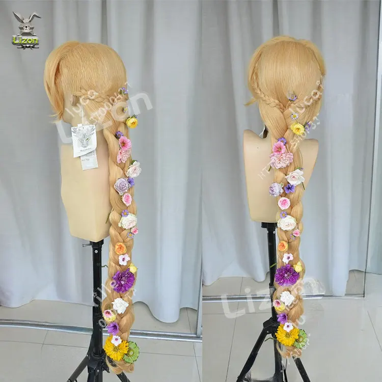Tangled Rapunzel Braid Flowers Princess Cosplay Tangled Rapunzel Long Light Golden Wig Adult Braid Styled Central Part Synthetic Hair Party
