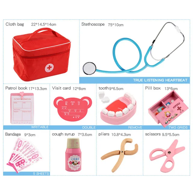 Doctor Toys for Children Set Kids Wooden Pretend Play Kit Games for Girls Boys Red Medical Dentist Medicine Box Cloth Bags 5