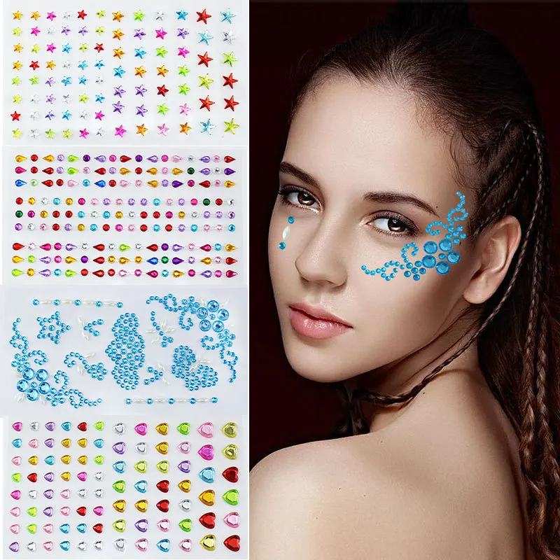 3D Sexy Face Glitter Fake Tattoo Forehead Eyebrow Self Adhesive Acrylic Jewellery Diamond Rhinestone Party Colourful Face Makeup 8 rolls of diy rhinestone tapes self adhesive sparkling rhinestone tapes craft decorative tapes