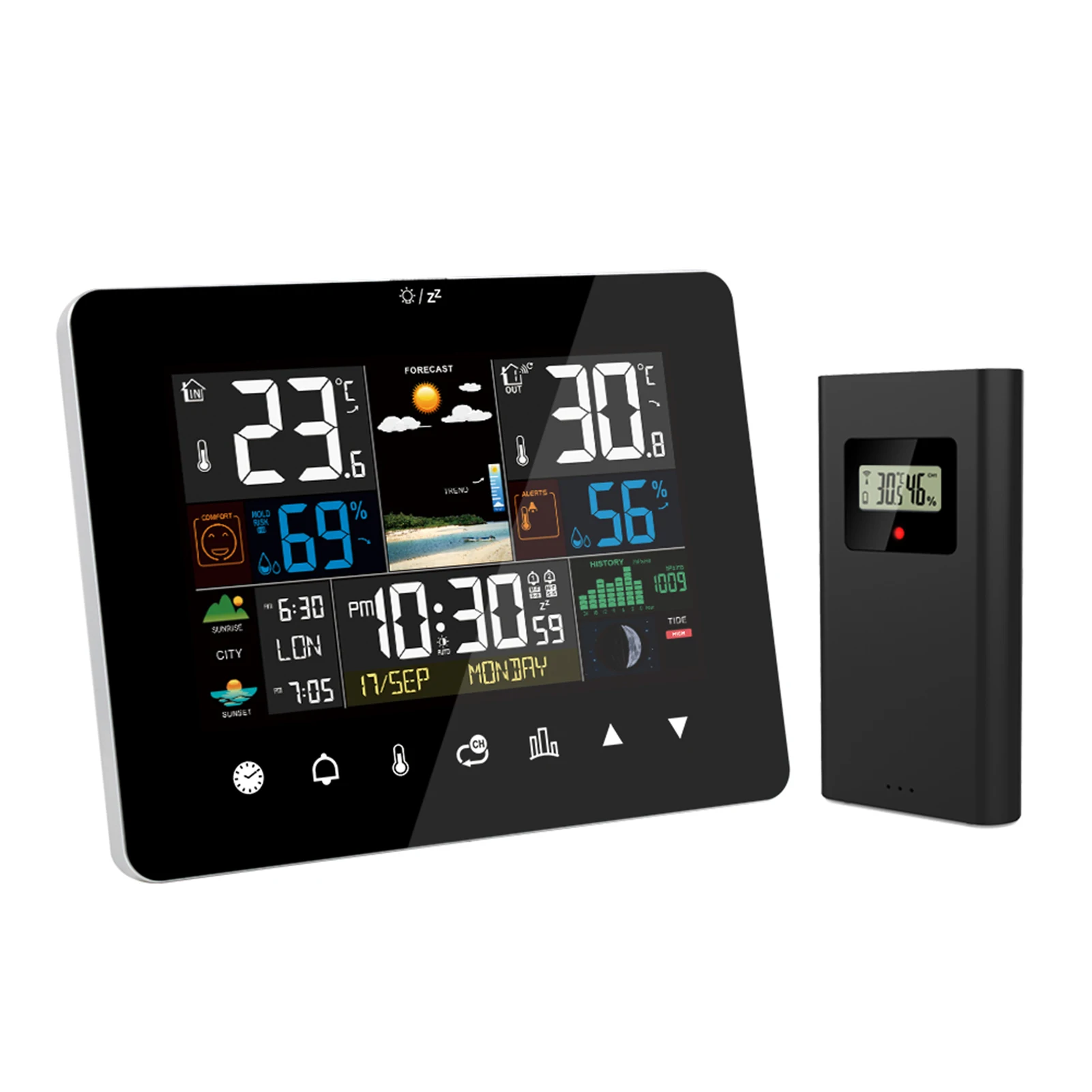 Multifunction Weather Station Alarm Clock Thermometer Hygrometer Touch Screen Wireless Sensor Sunrise Sunset Hygrothermograph