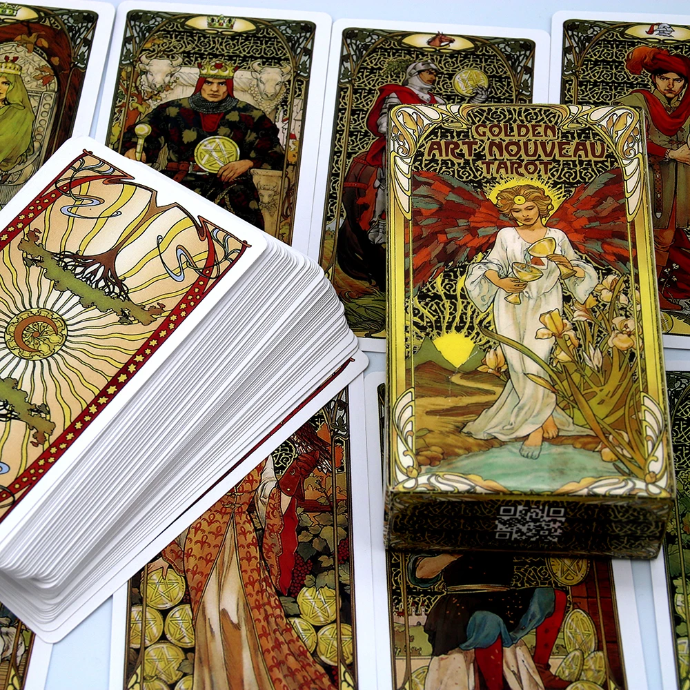 Golden Art Nouveau Tarot Deck Cards with Guidebook Cards Occult Divination Book Sets for Beginners Classic Art Nouveau Style 4