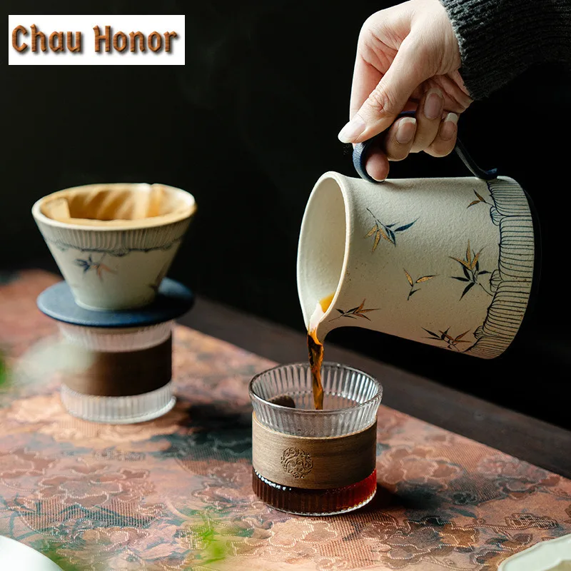 Handmade Gold Drawing Bamboo Coffee Cone Shape Drip Hand Brewing Coffee Filter Funnel Cup Coffee Dripper Pour Over Barista Mugs
