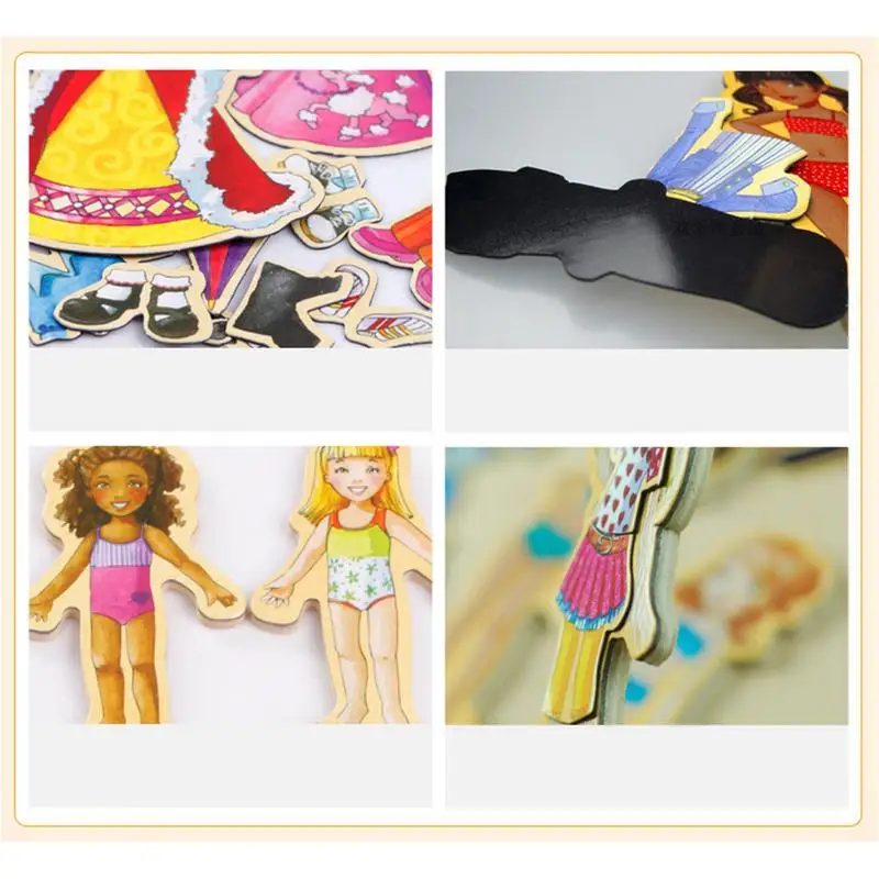 Magnetic Dress Up Princess Gifts For 3-8-Year-Old Girls 63Pcs Magnetic Dress-Up Wooden Doll Pretend Play Set With 4 Wooden Doll 3