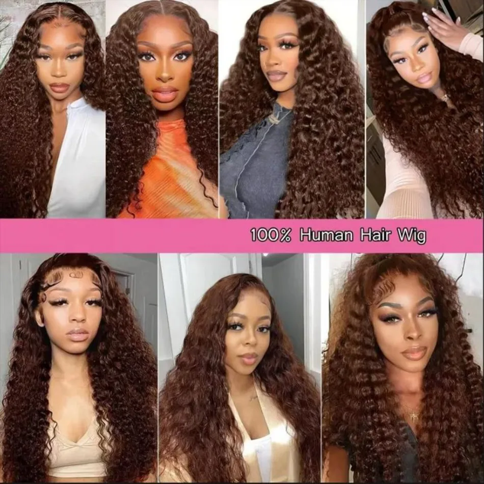 Chocolate Brown 13X6 Human Hair Wigs Hd Lace Frontal Wig Deep Wave Lace Front Wig Curly Colored PrePlucked Brazilian Wig 30 Inch