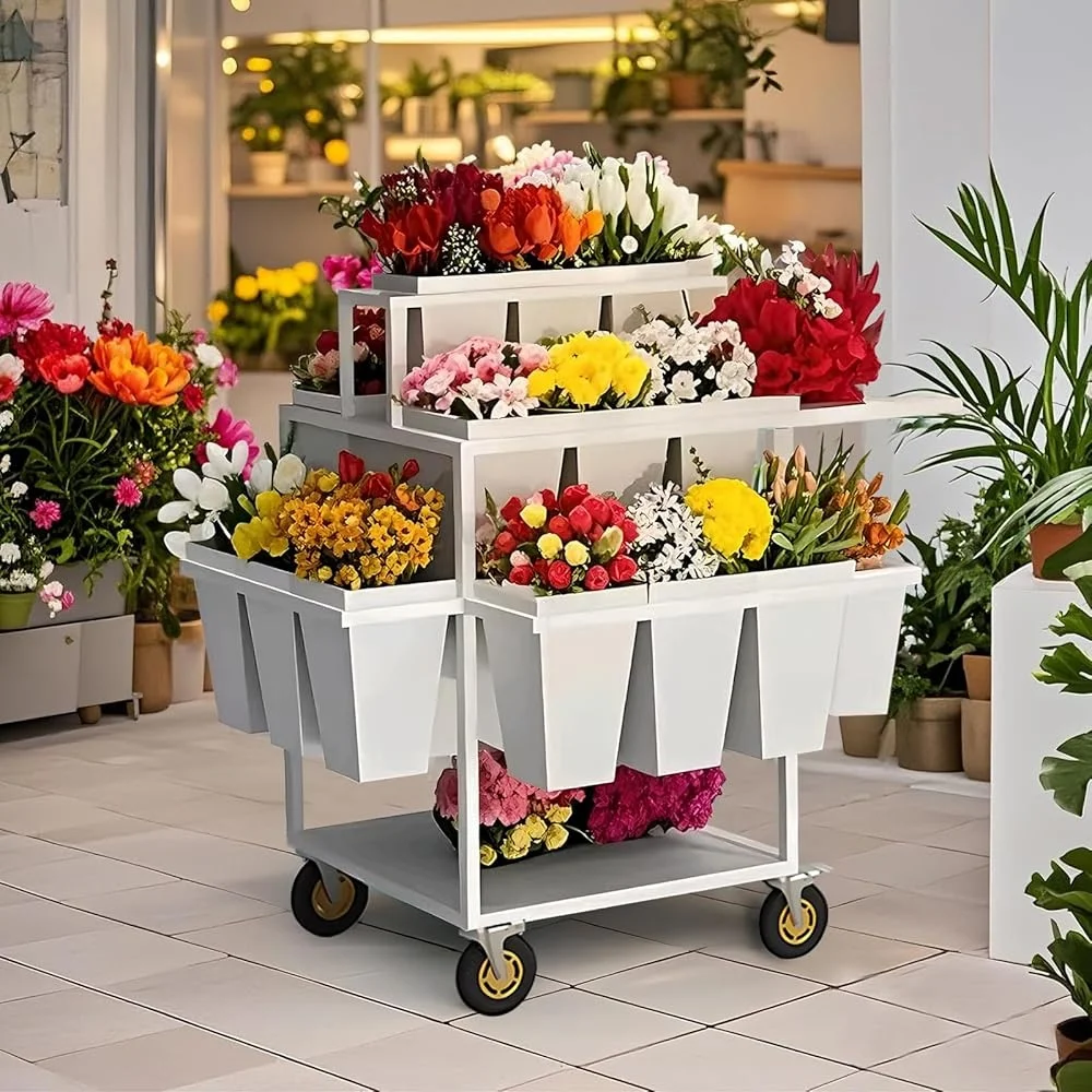 Metal Flower Display Cart 6 Tier Stand with 18 Buckets Rolling Plant Shelf Indoor Outdoor Gardening Decor