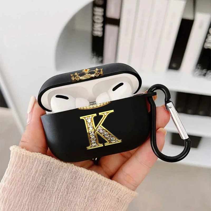 Elegant Diamond Crown Initial AirPods Case - Black Wireless Bluetooth Earphone Cover