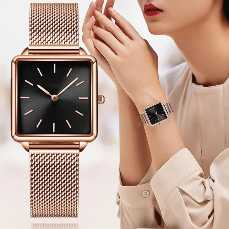

Reloj Mujer Luxury Women Watches Rose Gold Simple Magnetic Mesh Belt Band Watch Women's Fashion Square Wristwatch Zegarek Damski