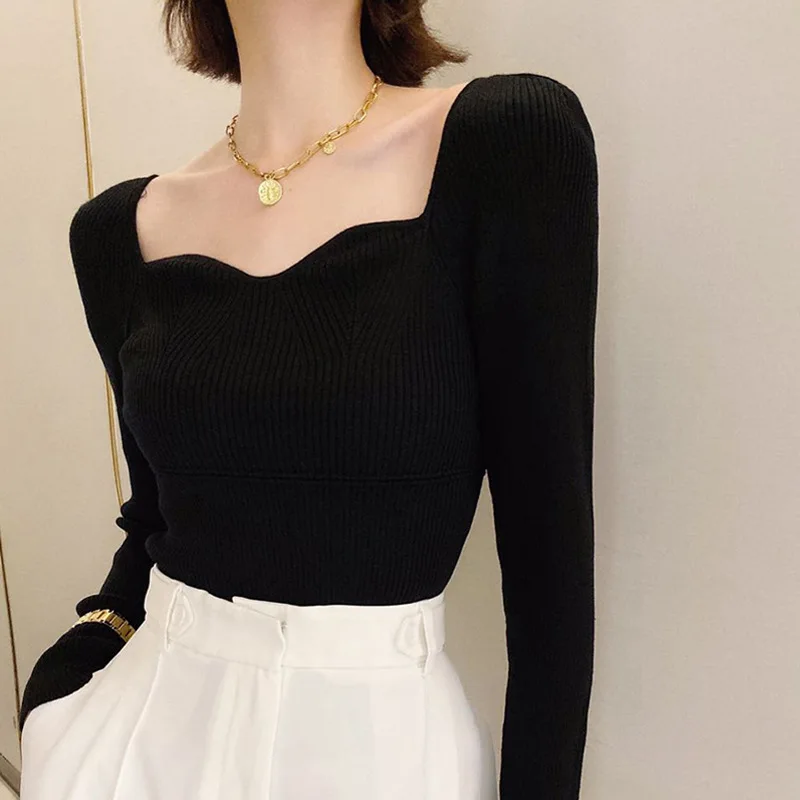 

Square Collar Sweater Women's Autumn Spring Stretch Sexy Pullovers Knitted Bottoming Shirt Tops Black White Women Clothes
