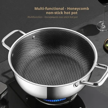 Pentola per zuppa in acciaio inossidabile 410 wok Padella antiaderente a nido d'ape con coperchio Padella calda domestica Fornello a induzione Stufa a gas universale 1