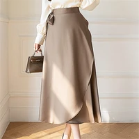 Seoulish Elegant Satin Tie Up Women's Skirts 2026 Summer Vintage Irregular High Waist Solid Casual Ladies A-line Skirts Female - Image 2