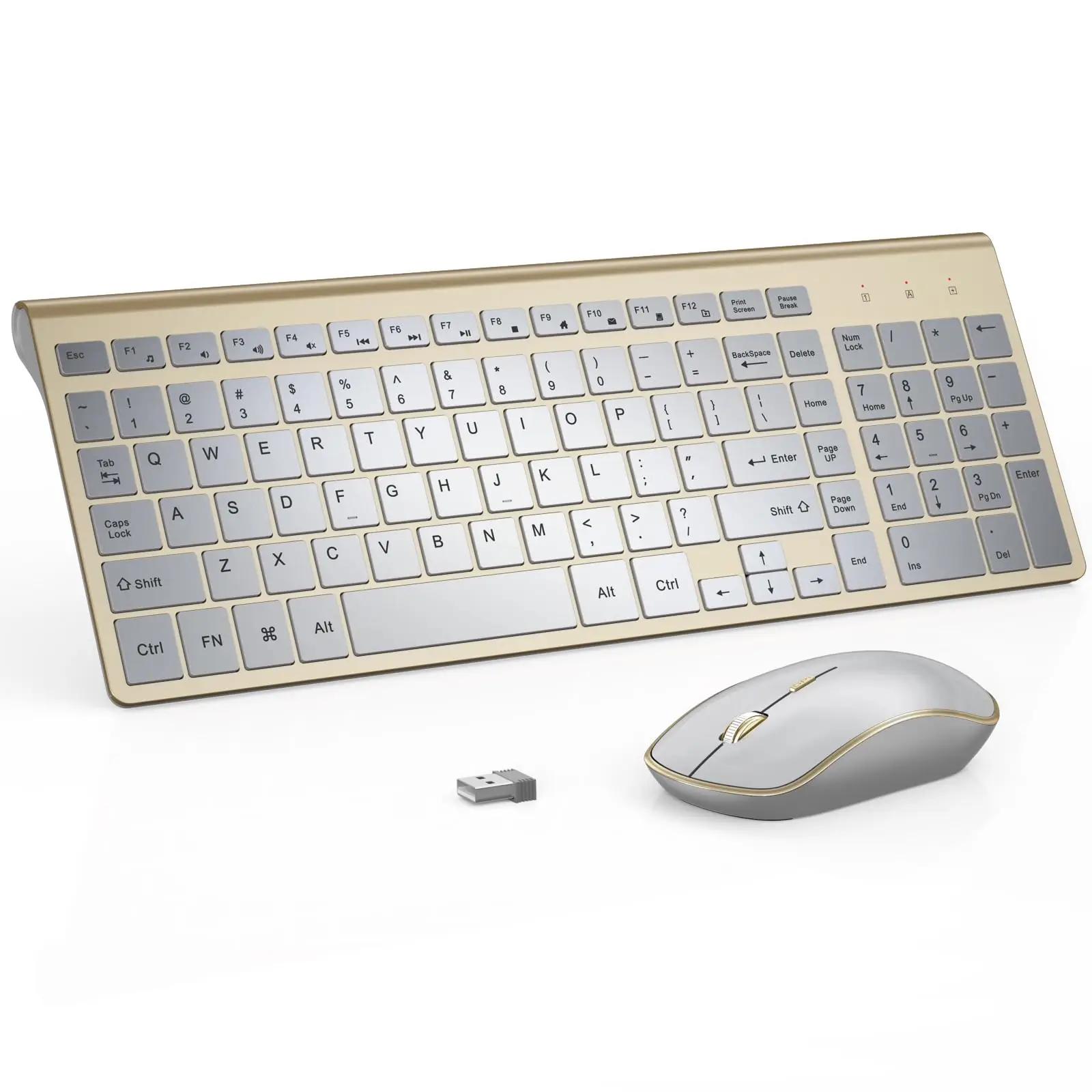 Teclado sem Fio e Mouse Combo Ergonômico e Silencioso Conjunto Portátil para Laptop Ouro e Prata