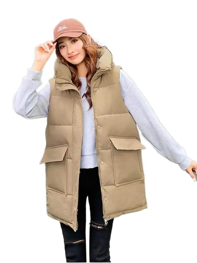 

Korean Fashion Hooded large pocket down vest,oversize BF style Winter warm Mid length down waistcoat Autumn parkas tanks 3XL