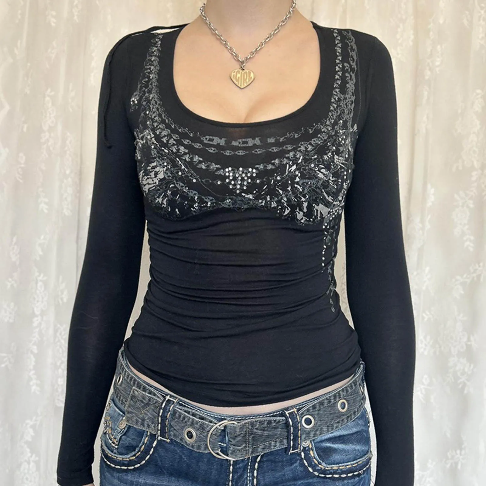 

Women's Long Sleeve Slim Gothic Tops Retro Rhinestone Chain Print Scoop-Neck T-Shirts Grunge Clothes