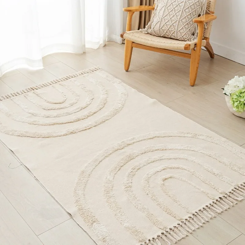 Nordic Cotton Linen Rug Modern Geometric Rainbow Living Room Carpet Bedroom Bedside Floor Door Mat Aesthetic Home Decor 4