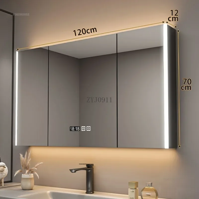 Modern Solid Wood Bathroom Smart Mirror Cabinet with Light Defogging Bathroom Furniture Beauty Mirror with Storage Locker
