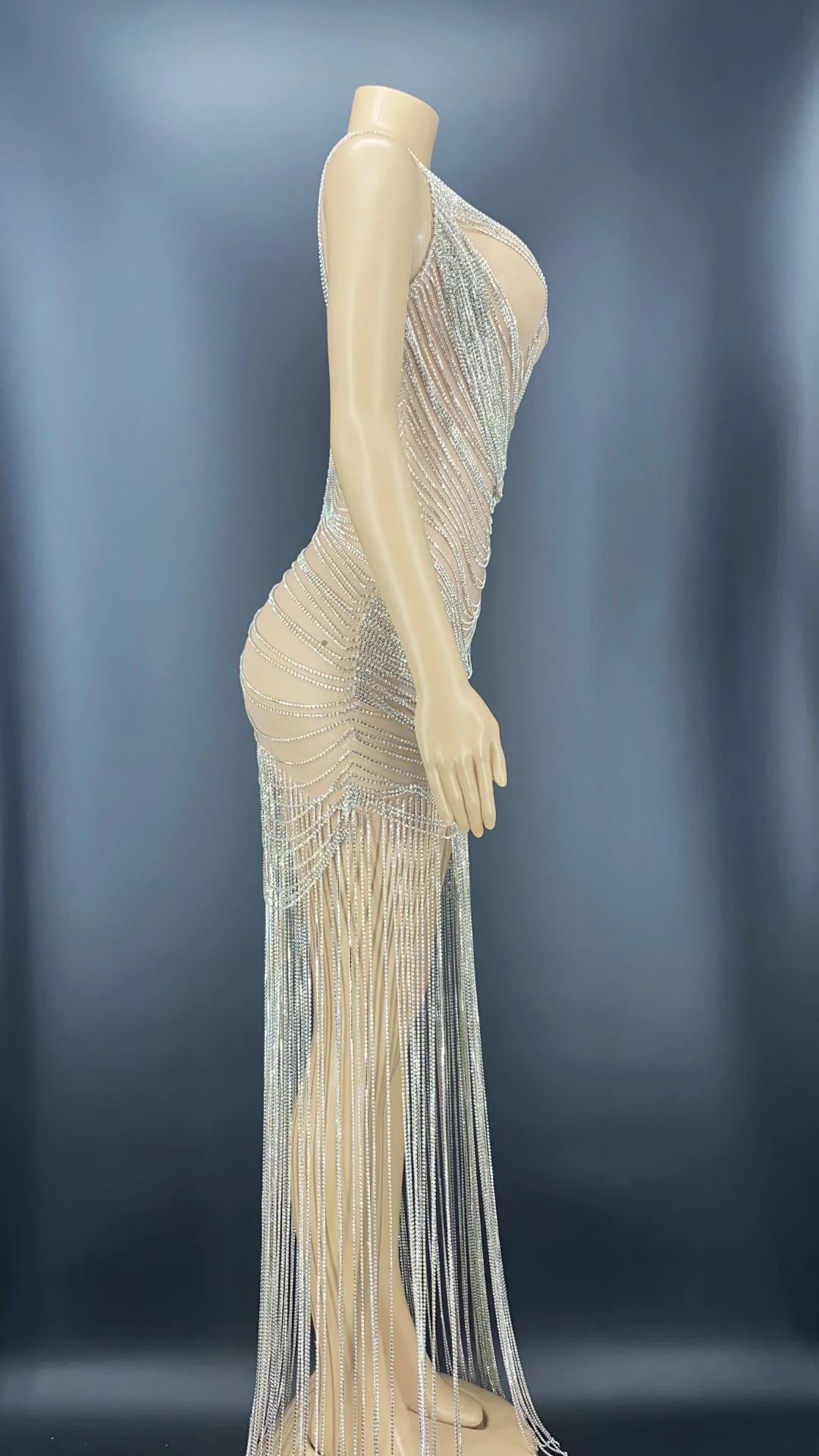 Luxury Sleeveless Transparent Rhinestones Fringes Evening Gown Performance Wear Women Sexy Club Party Prom Dress Plus Size